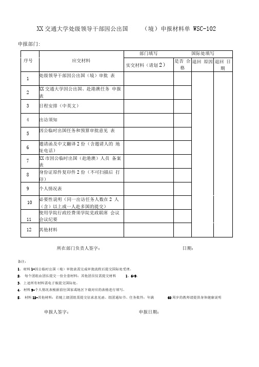 交通大学处级领导干部因公出国(境)申报材料单WSC-