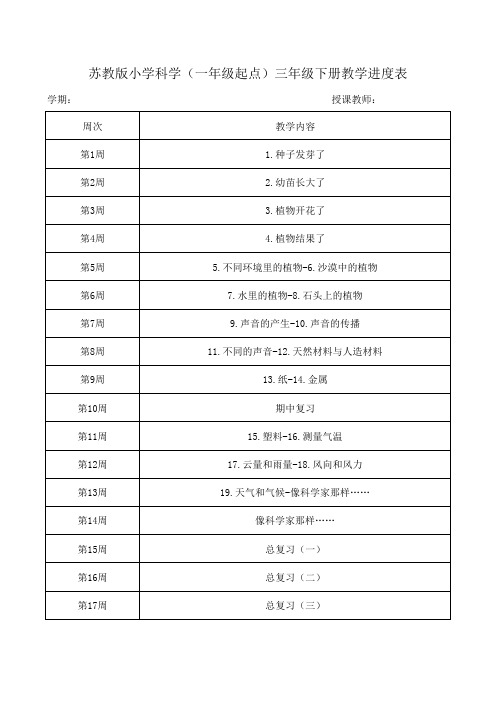 苏教版小学科学(一年级起点)三年级下册教学进度表