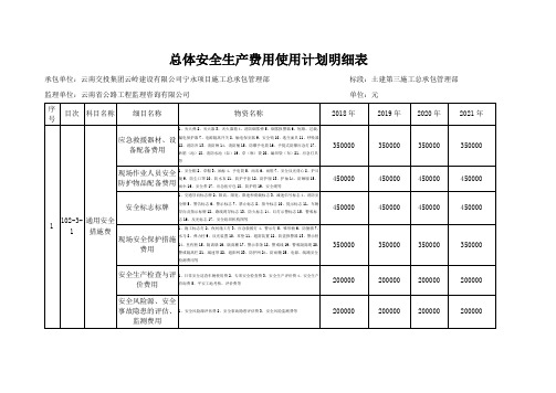 总体安全生产费用计划表明细