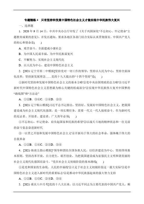 高考政治二轮复习专题-第四课 只有坚持和发展中国特色社会主义才能实现中华民族伟大复兴精练(解析版)