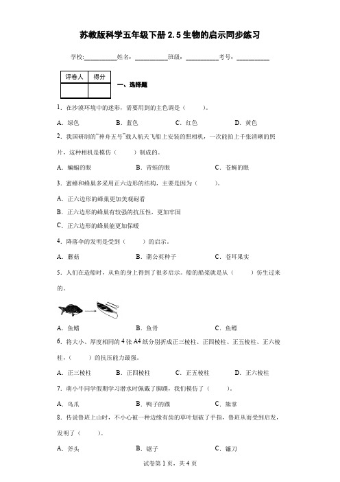 苏教版科学五年级下册2.5生物的启示同步练习