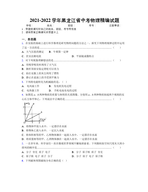 2021-2022学年黑龙江省中考物理精编试题附解析