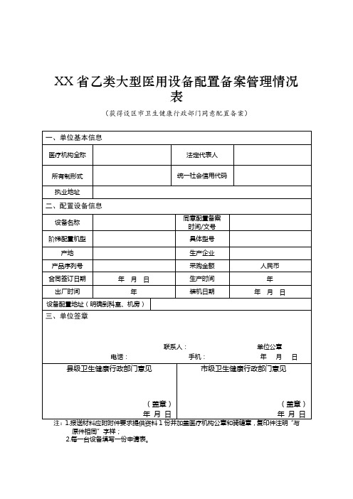 XX省乙类大型医用设备配置备案管理情况表