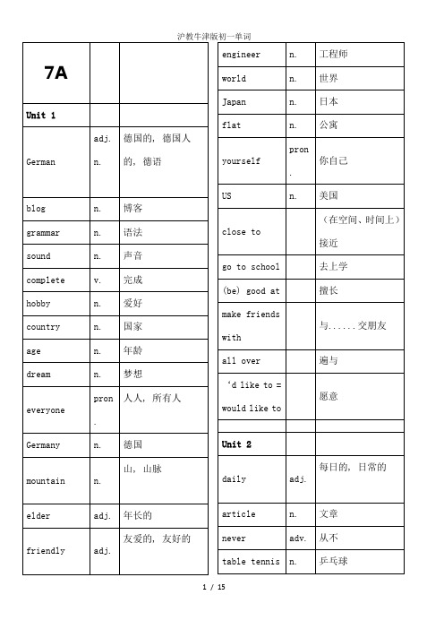 沪教牛津版初一单词