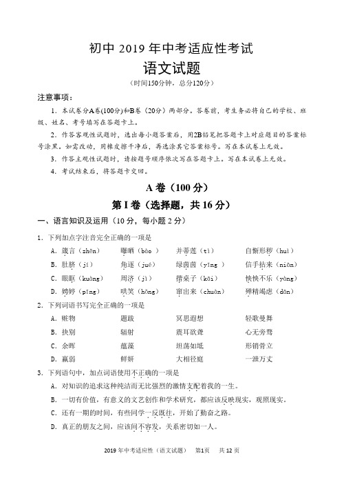 2019年仁寿中考语文模拟考试题(含答案)