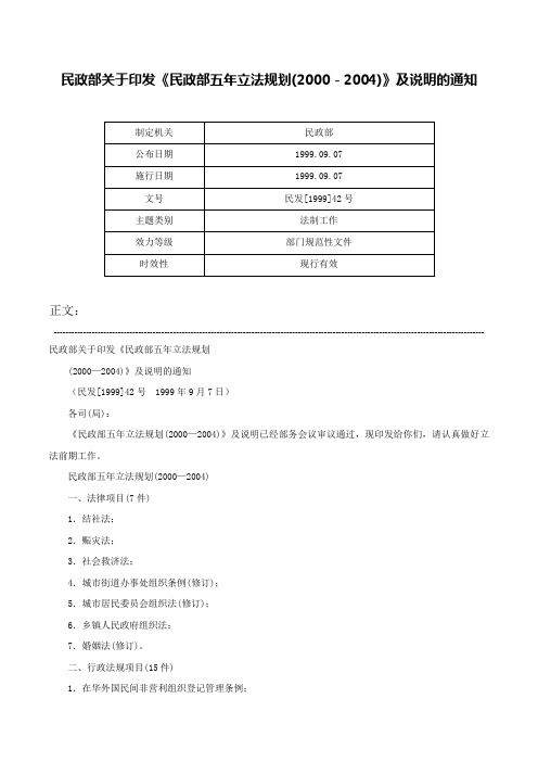 民政部关于印发《民政部五年立法规划(2000－2004)》及说明的通知-民发[1999]42号