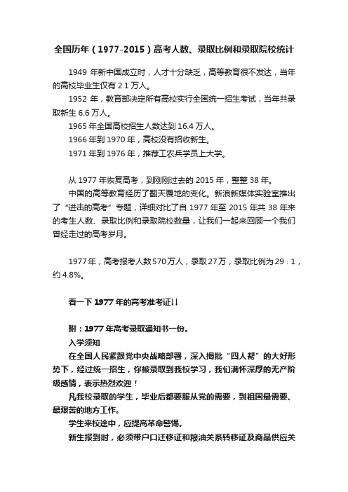 全国历年（1977-2015）高考人数、录取比例和录取院校统计