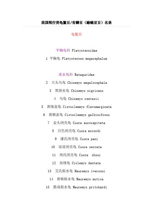 我国爬行类龟鳖目及有鳞目名录