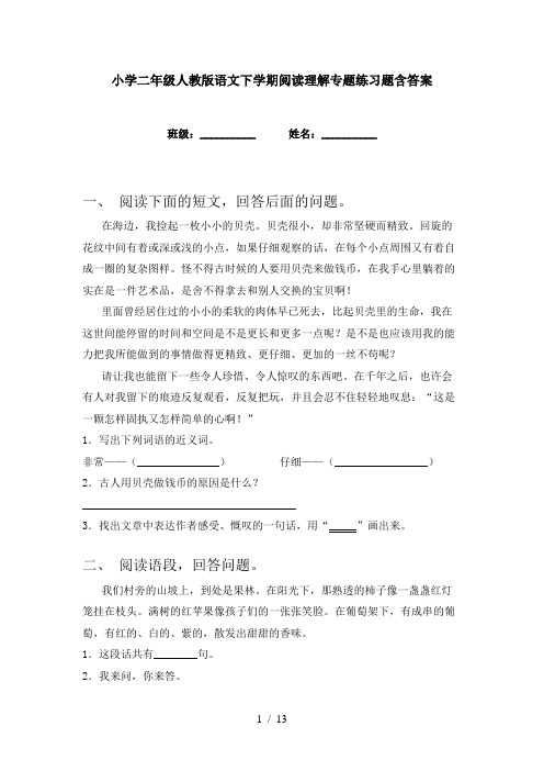 小学二年级人教版语文下学期阅读理解专题练习题含答案