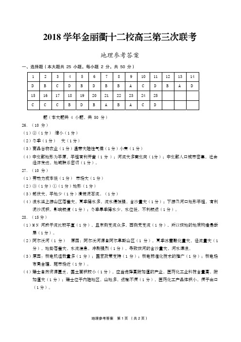 2019年3月浙江省学考选考金丽衢2018学年第三次联考高三地理联考试卷参考答案