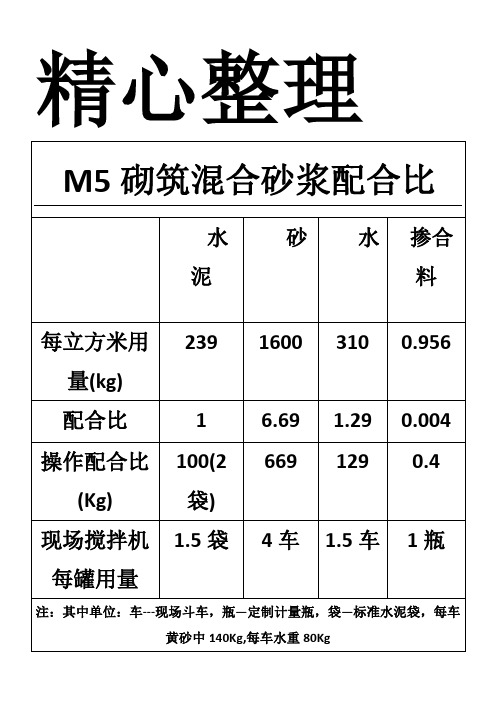 M5砌筑混合砂浆配合比