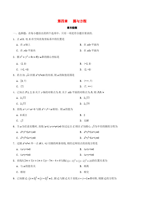 2017-2018学年高中数学 第04章 圆与方程章末检测 新人教A版必修2