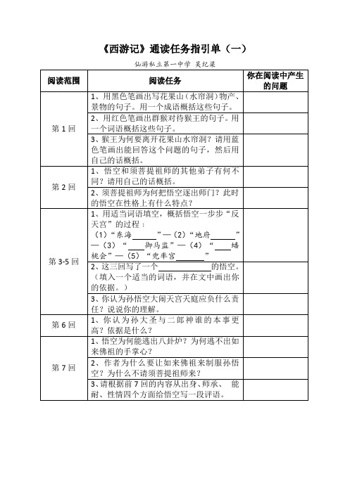 《西游记》通读任务指引单(1-7回)