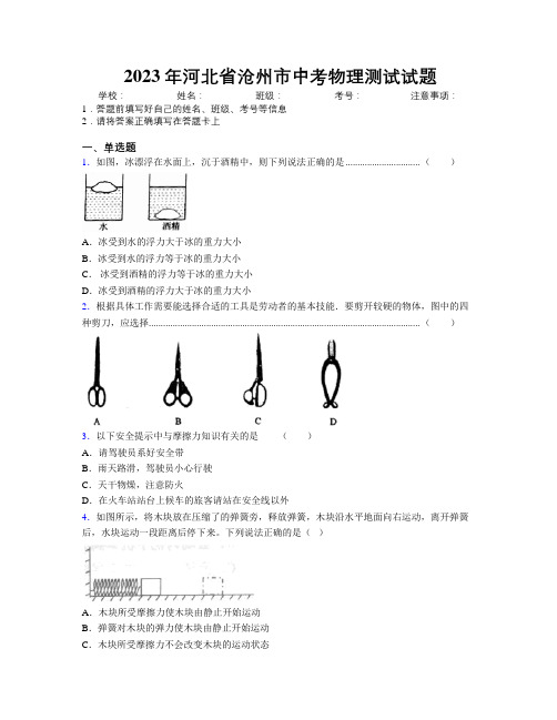 2023年河北省沧州市中考物理测试试题附解析