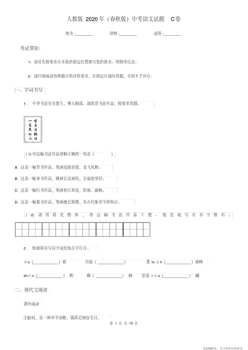 (精品文档)人教版2020年(春秋版)中考语文试题C卷(检测)