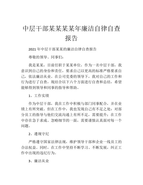 中层干部某某某某年廉洁自律自查报告