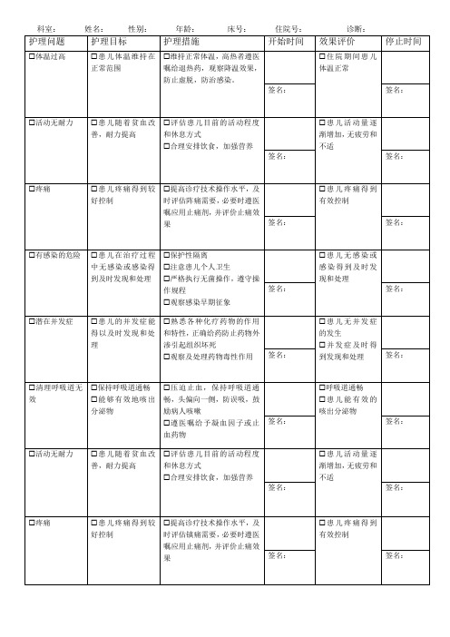 儿科护理计划单