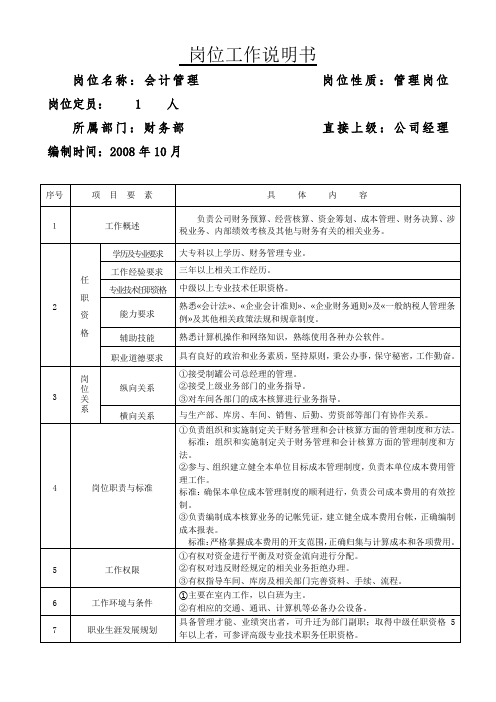 公司财务管理岗位说明书全套