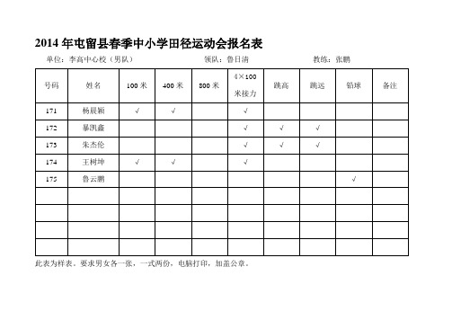 2015春季中小学田径运动会报名表(学生)