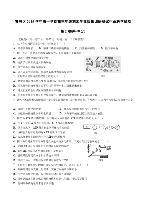 【年级上册海市青浦区】高三年级上册学期期终学习质量调研测试试卷生物试卷及答案