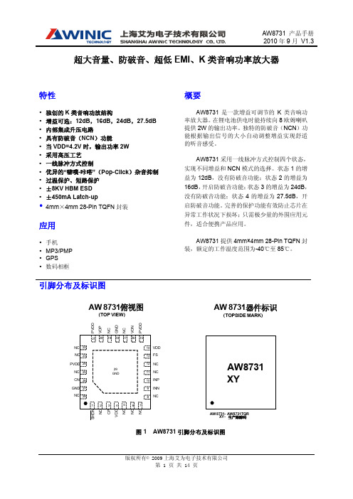 艾为电子技术 AW8731 超大音量、防破音、超低 EMI、K 类音响功率放大器 产品手册