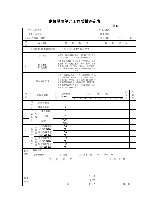 建筑屋面单元工程质量评定表