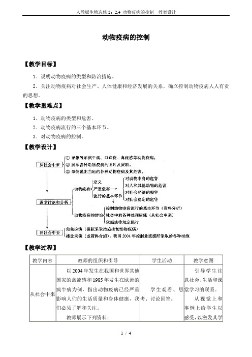 人教版生物选修2：2.4 动物疫病的控制  教案设计