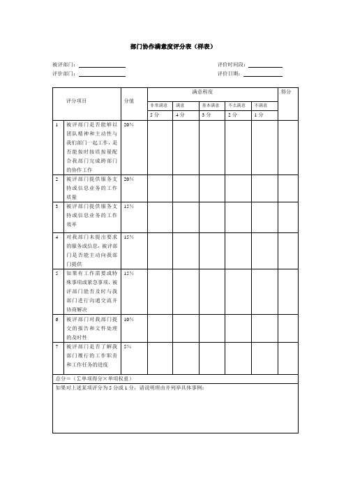 部门协作满意度评分表样表