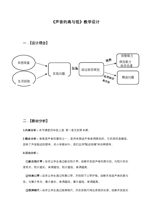 小学科学教育科学四年级上册声音6《声音的高与低》教学设计