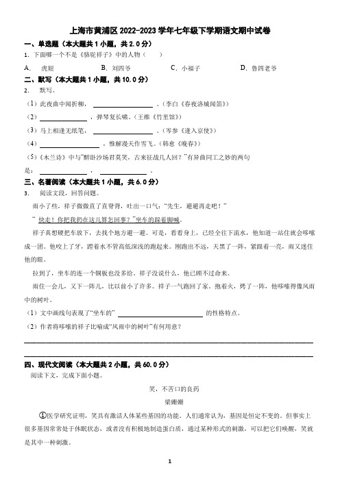 上海市黄浦区2022-2023学年七年级下学期语文期中试卷(含答案)