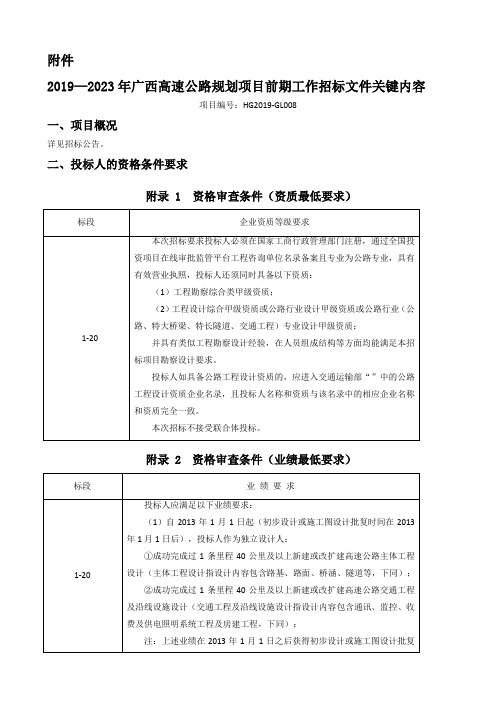 2019—2023年广西高速公路规划项目前期工作招标文件关键内容