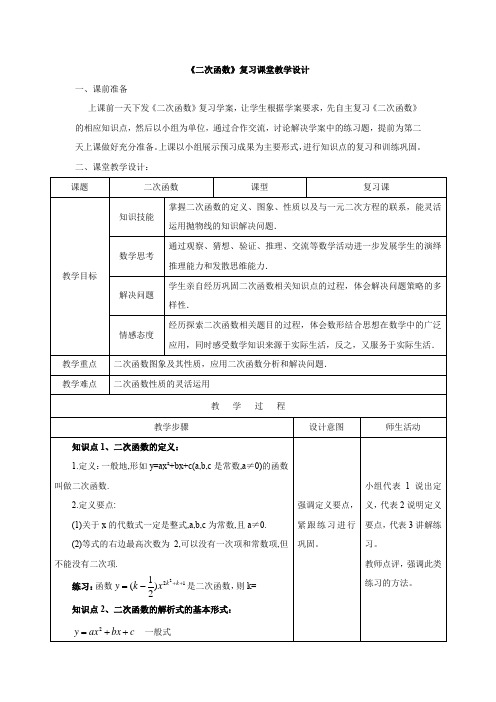 初中数学_二次函数复习教学设计学情分析教材分析课后反思