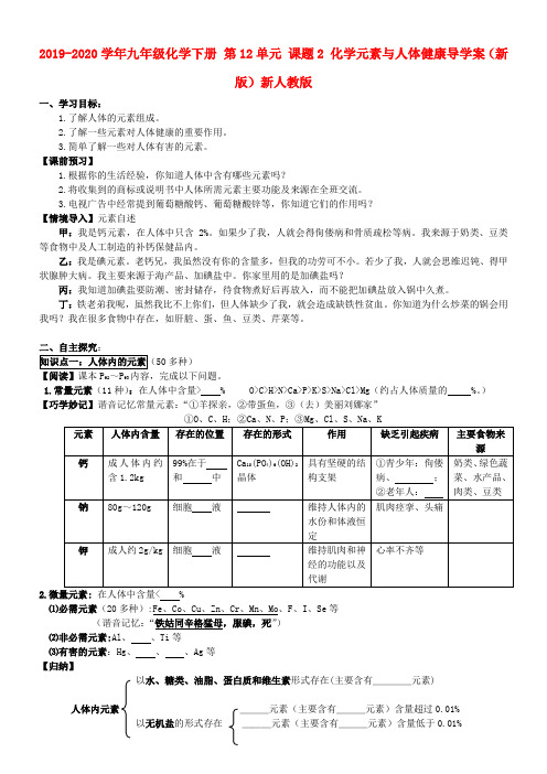 2019-2020学年九年级化学下册 第12单元 课题2 化学元素与人体健康导学案(新版)新人教版.doc