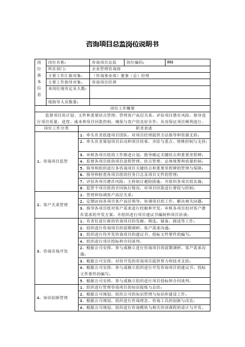 咨询公司项目经理、项目总监、高级咨询师、咨询师全套岗位说明书