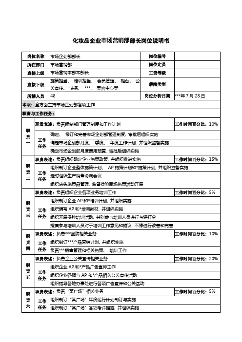 化妆品公司市场营销部部长岗位说明书