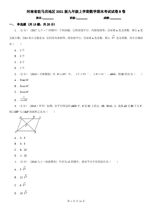 河南省驻马店地区2021版九年级上学期数学期末考试试卷B卷