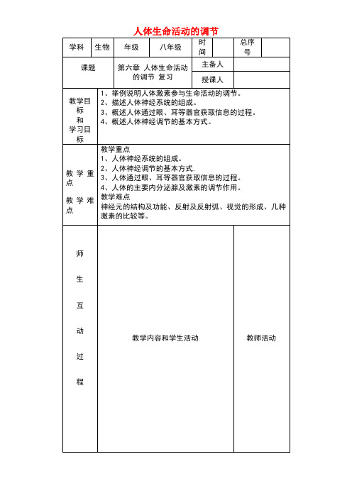 七年级生物下册第三单元第五章人体生命活动的调节复习教案济南版(new)