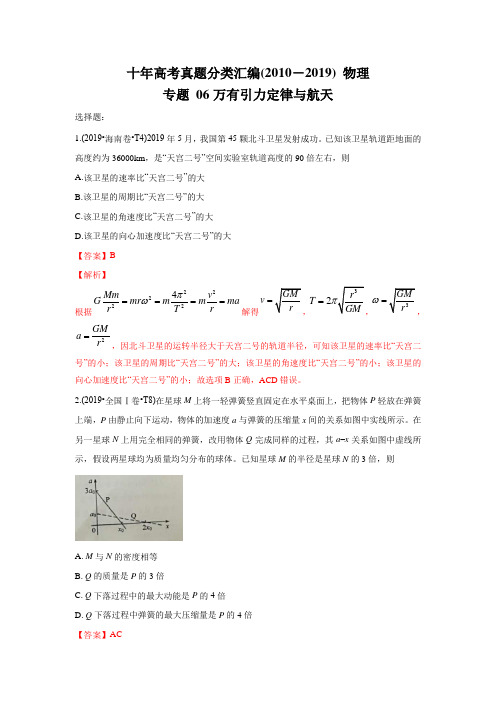 2010-2019年高考物理真题分专题训练 专题06 万有引力定律与航天(教师版含解析)