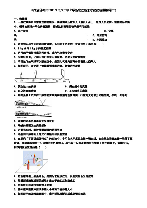 山东省德州市2019年八年级上学期物理期末考试试题(模拟卷二)