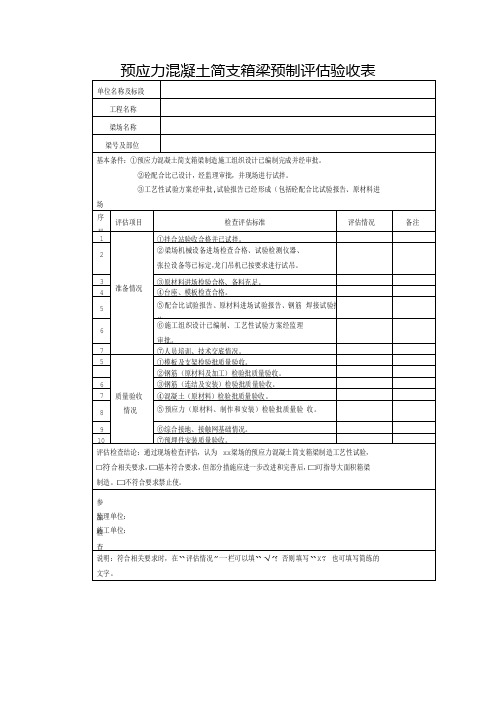 预应力混凝土简支箱梁预制评估验收表