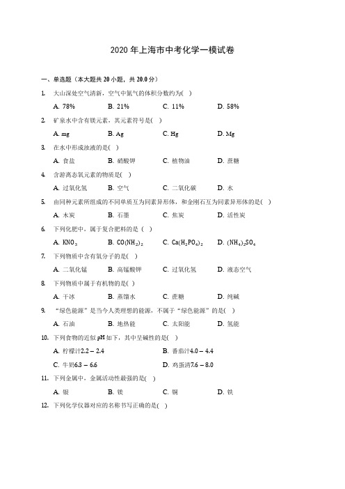 2020年上海市中考化学一模试卷