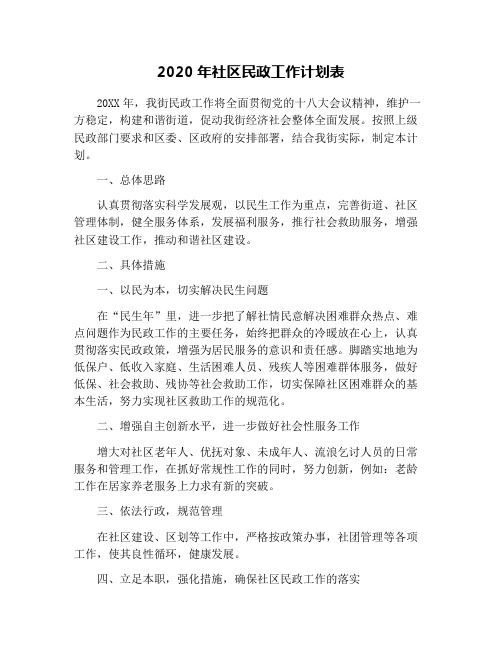 2020年社区民政工作计划表