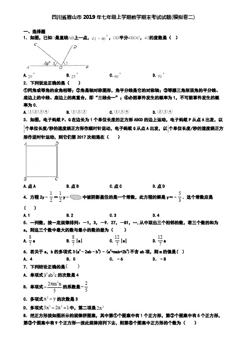 四川省眉山市2019年七年级上学期数学期末考试试题(模拟卷二)