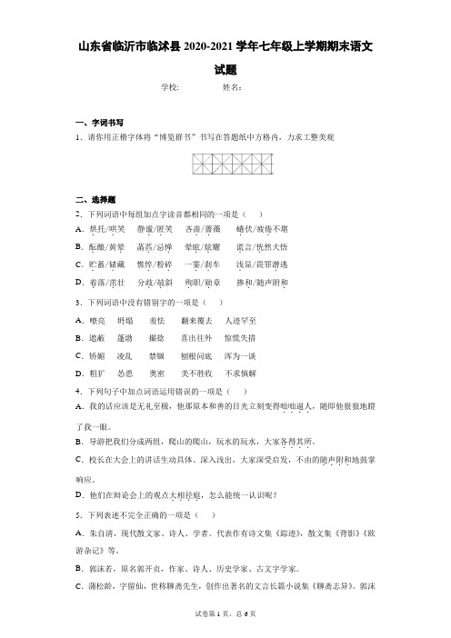 山东省临沂市临沭县2020-2021学年七年级上学期期末语文试题(word版含答案)