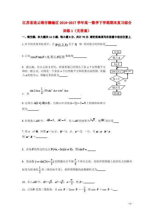 江苏省连云港市赣榆区高一数学下学期期末复习综合训练1(无答案)