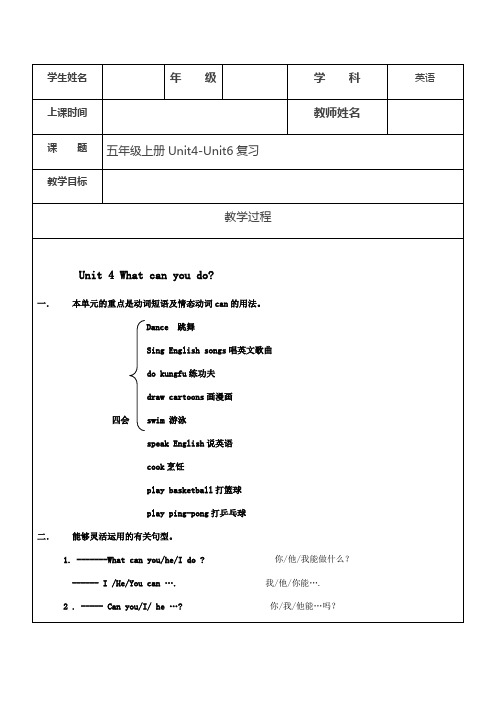 五年级上册英语试题Unit4Unit6复习 人教-精选文档