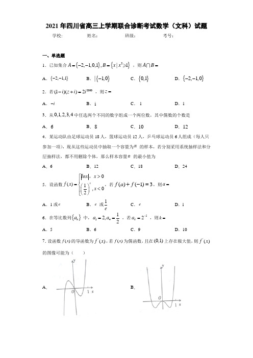 2021年四川省高三上学期联合诊断考试数学(文科)试题