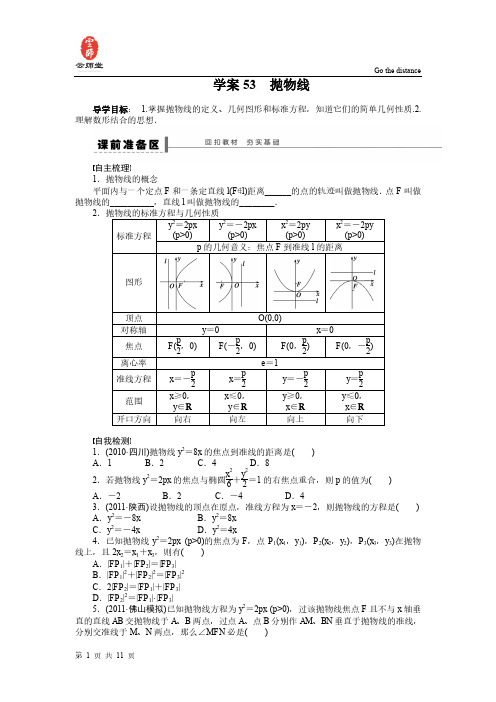 【步步高】2015届高三数学北师大版(通用,理)总复习学案：学案53 抛物线