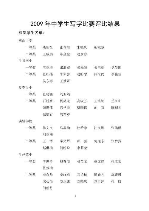 2009年中学生写字比赛评比结果