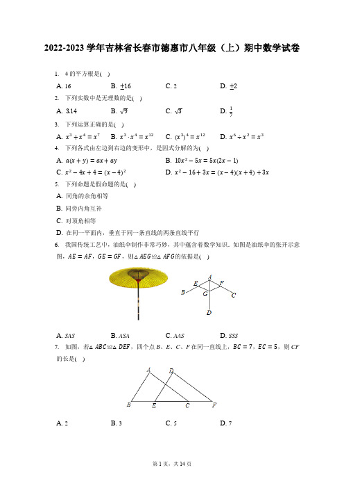 2022-2023学年吉林省长春市德惠市八年级(上)期中数学试卷(含答案解析)